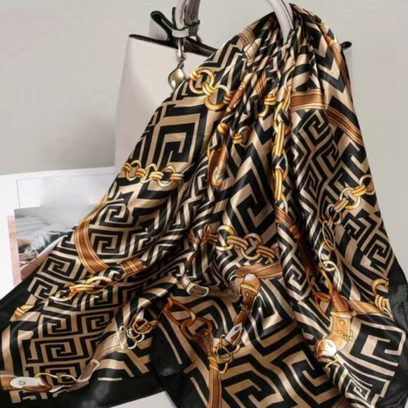 Scarf Silk Black and Gold Satin Print 35 x 35 inches - Picture 3 of 13